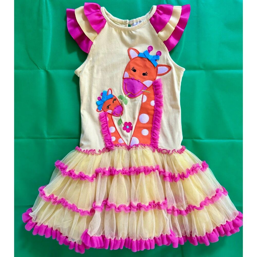 Emily Rose Girls Yellow & Pink Dress. Giraffe Size 7, Tulle Sleeveless